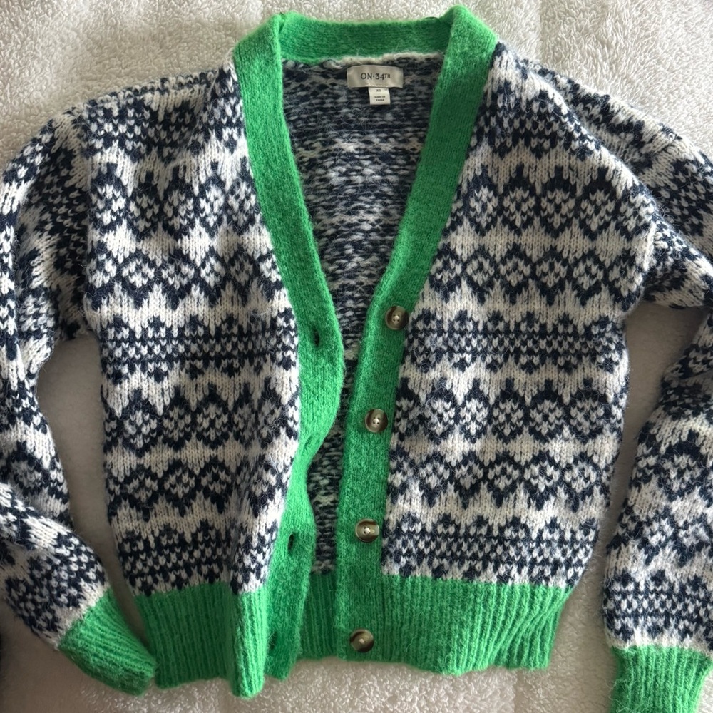 Women's Patterned Cardigan Sweater - Green and Blue